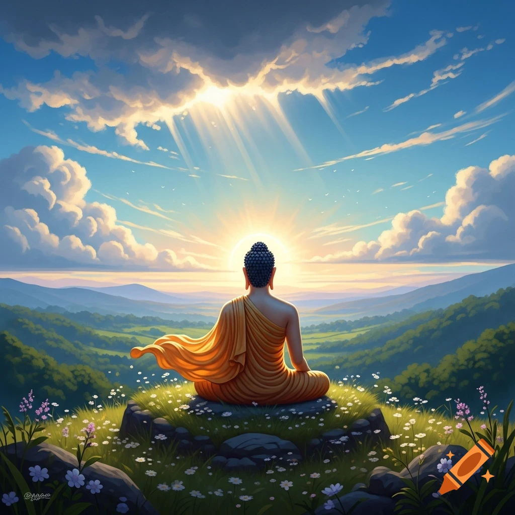 Buddha meditating on a grassy hill, facing a radiant sunrise over rolling green mountains under a blue sky with clouds.