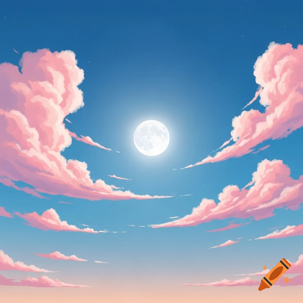A vibrant full moon shines in a clear blue sky, surrounded by fluffy pink and white clouds in an illustrative style.