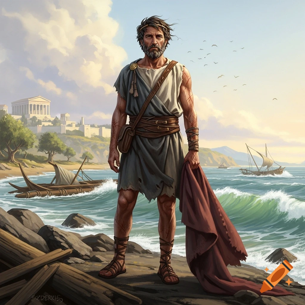 Illustration of a weathered man in tattered clothes standing on a rocky shore, holding a cloak, with an ancient city and sea in the background.