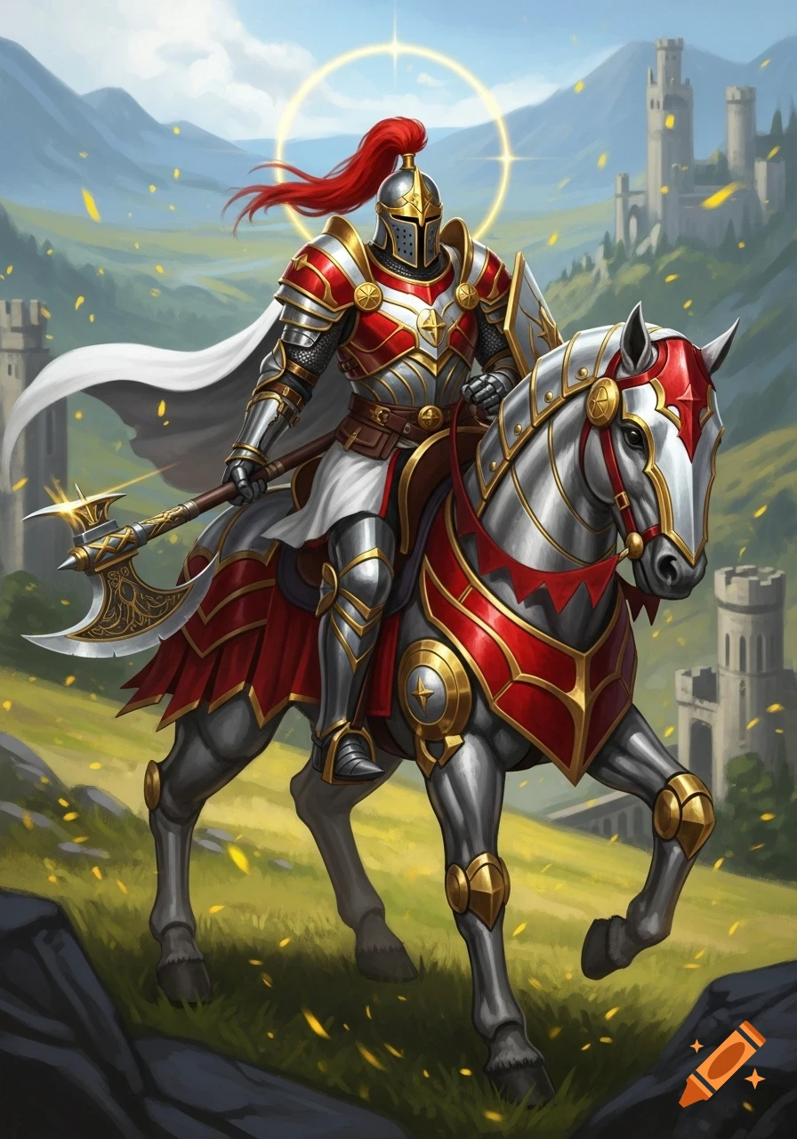 A majestic knight in red, gold, and white armor with a war axe, rides an armored white horse through green hills with castles.
