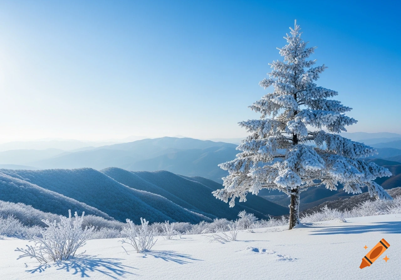 A majestic snow-covered pine tree stands tall on a snowy mountain slope under a clear blue sky, with rolling peaks in the distance.