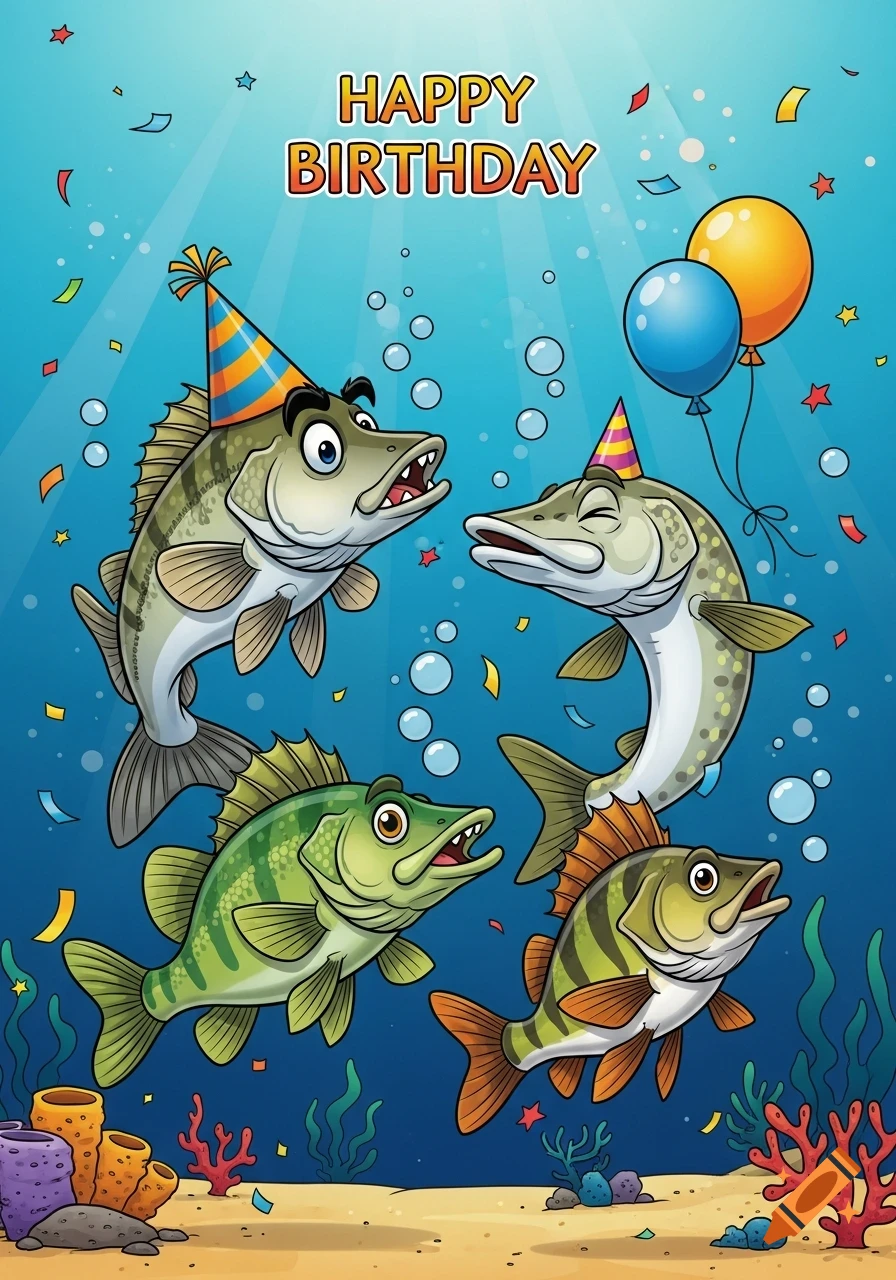 Cartoon fish wearing party hats underwater with balloons and 'HAPPY BIRTHDAY' text.