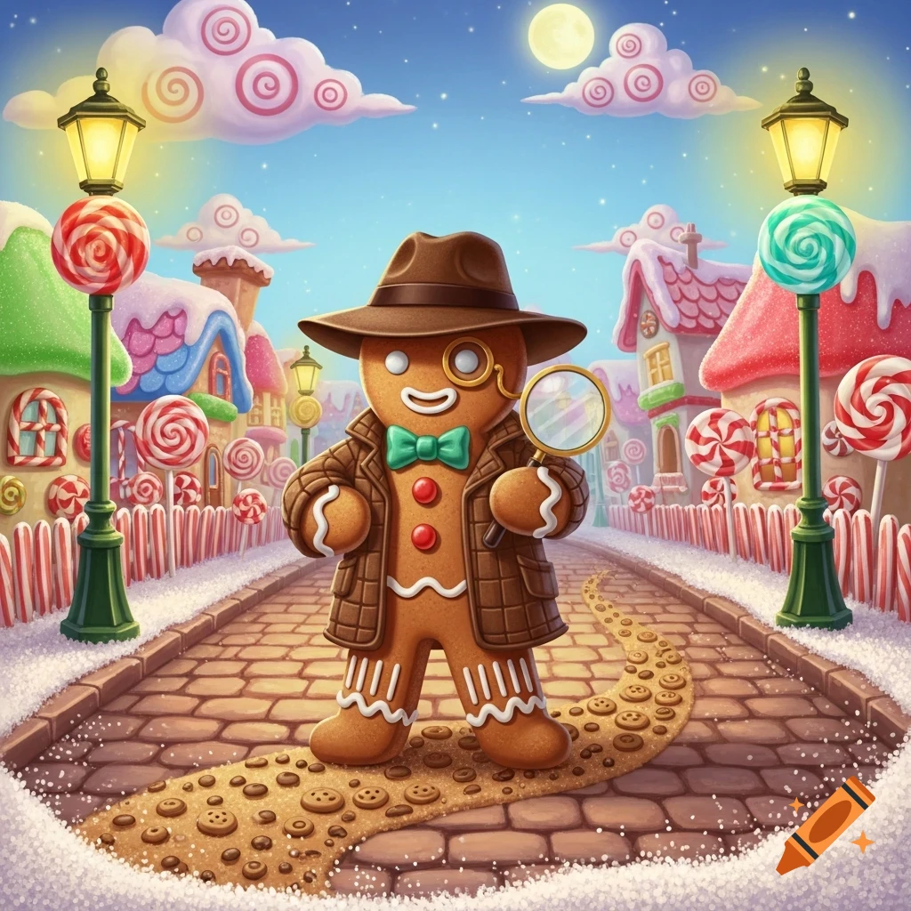 A cute gingerbread man detective, wearing a fedora and holding a magnifying glass, stands on a cookie path in a candy village at night.