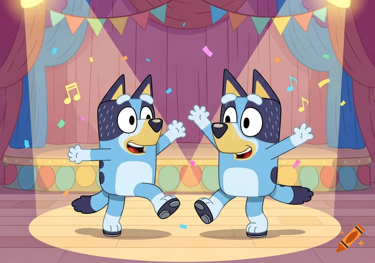 Two cartoon blue dog-like characters in the Bluey style are tap dancing on a spotlighted stage with colorful bunting and confetti.