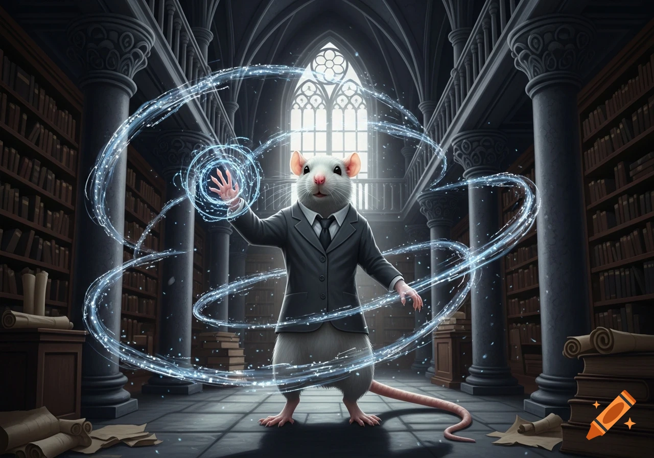 A white rat in a business suit casting a glowing blue spell in a gothic library.