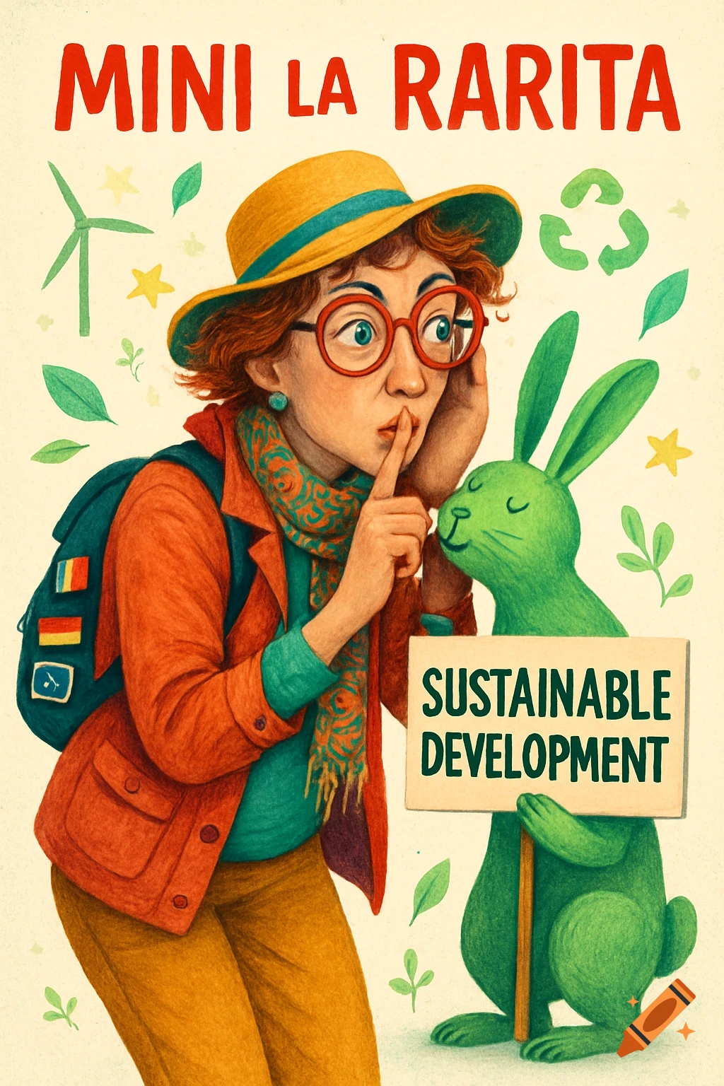 An illustrated woman with red glasses and a hat holds a finger to her lips while a green rabbit holds a "SUSTAINABLE DEVELOPMENT" sign.