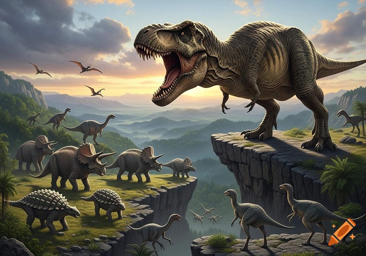A ferocious Tyrannosaurus rex roars on a cliff, overlooking a valley with other dinosaurs like Triceratops and Ankylosaurus.