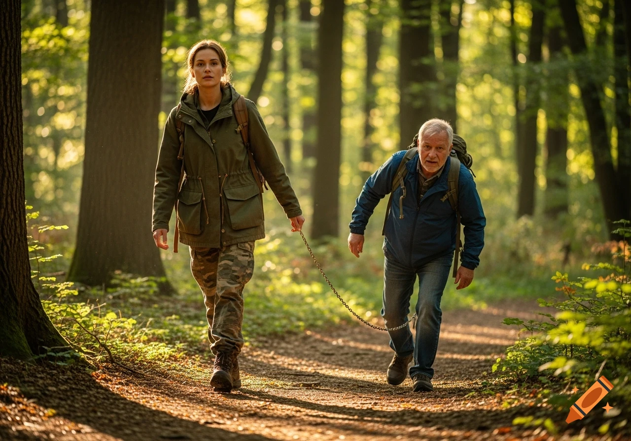 A woman pulls an older man with a chain along a sunlit forest path. Both wear backpacks, and the man appears distressed.