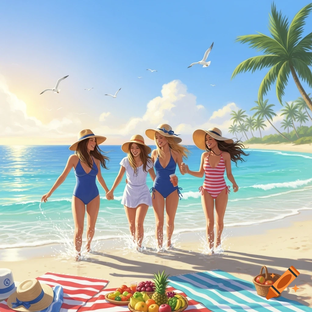 Four smiling women in swimsuits and sun hats walk hand-in-hand in the shallow ocean water on a sunny beach with palm trees.