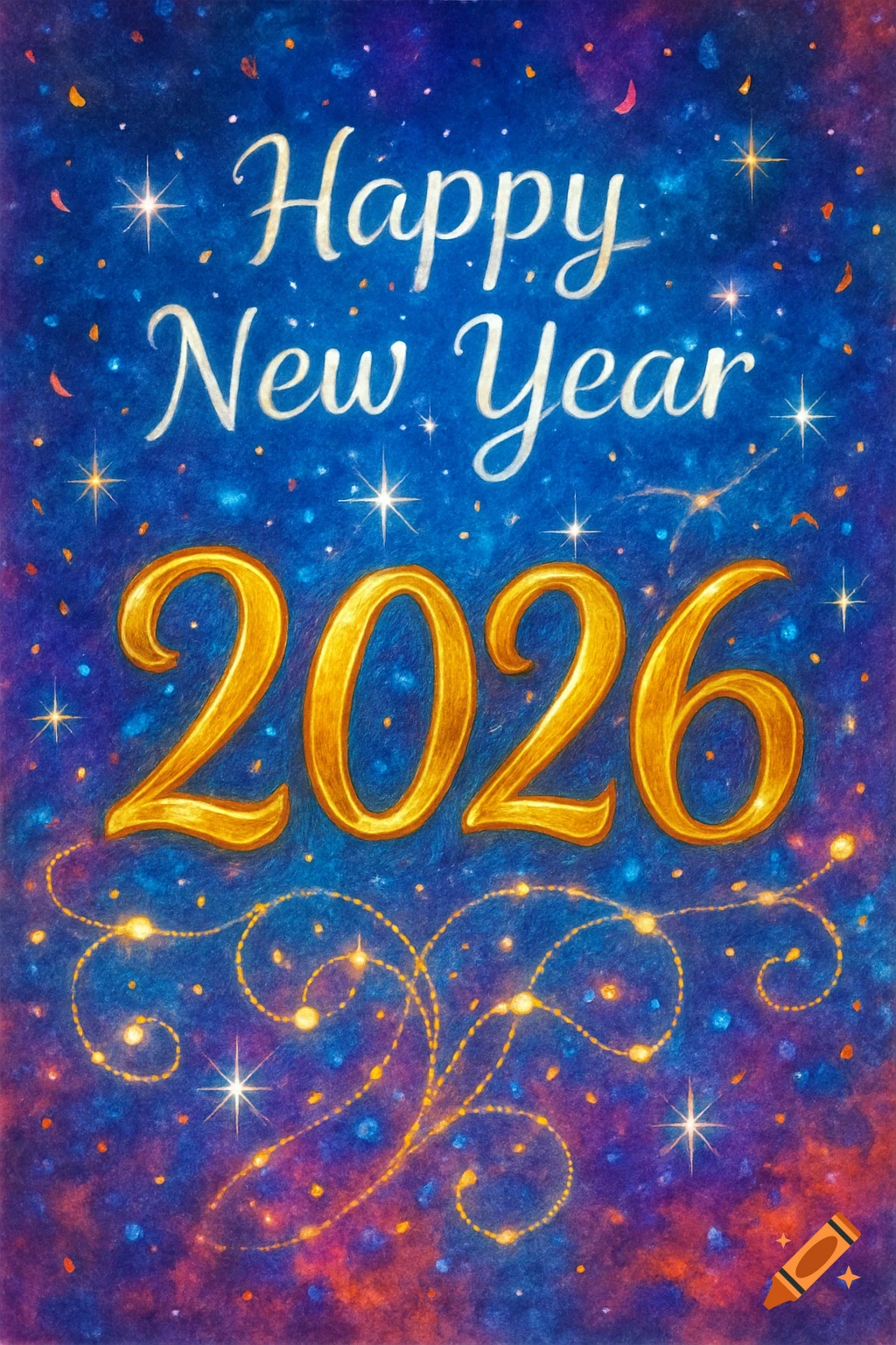 A festive New Year's card with 'Happy New Year 2026' in golden and white text, on a blue background with stars and lights.