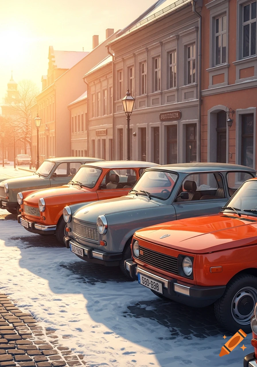 Vintage cars parked on a snowy street in an old city during sunrise, with classic buildings lining the street.