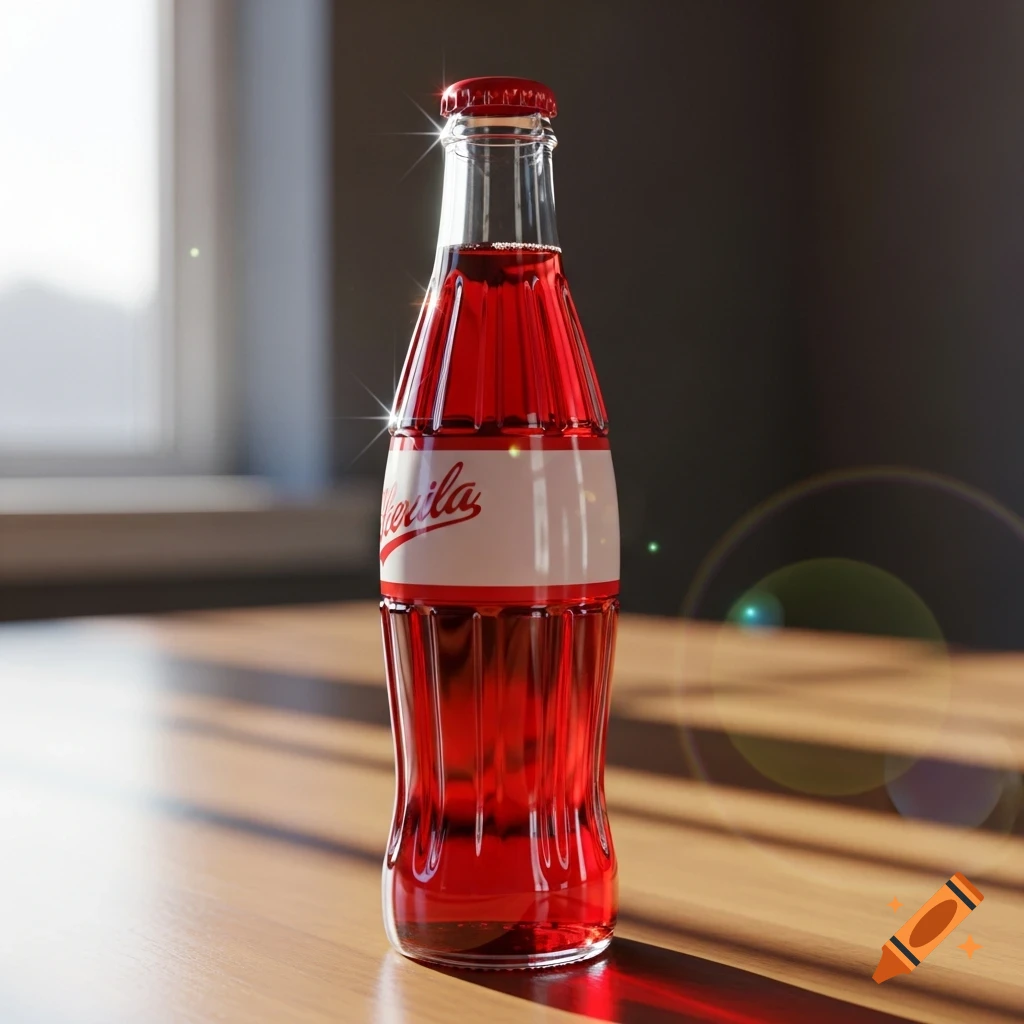A red soda bottle with a white label on a wooden table, illuminated by sunlight through a window.