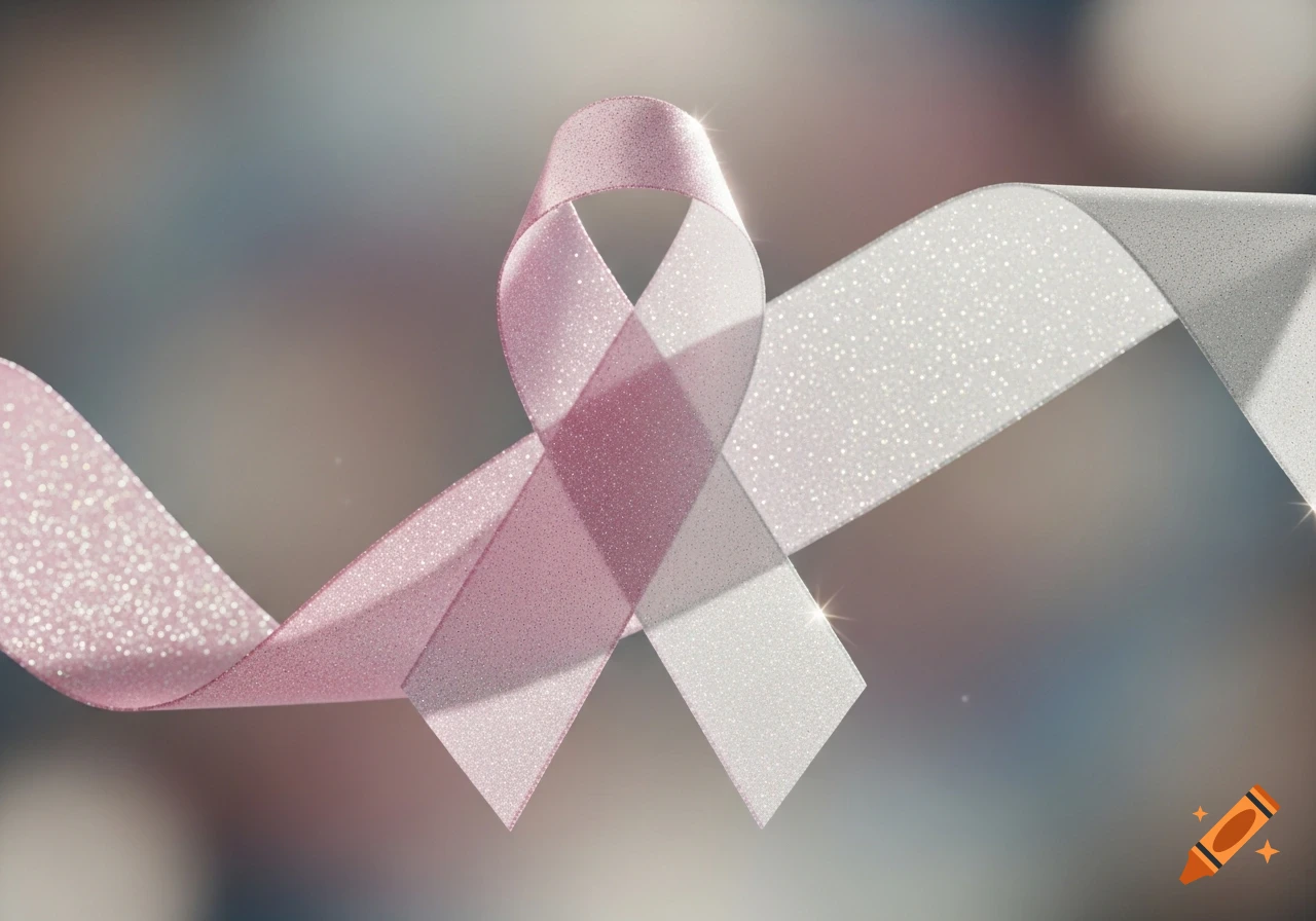 A realistic, glittery ribbon, transitioning from pastel pink to white, floats against a soft, blurred background.