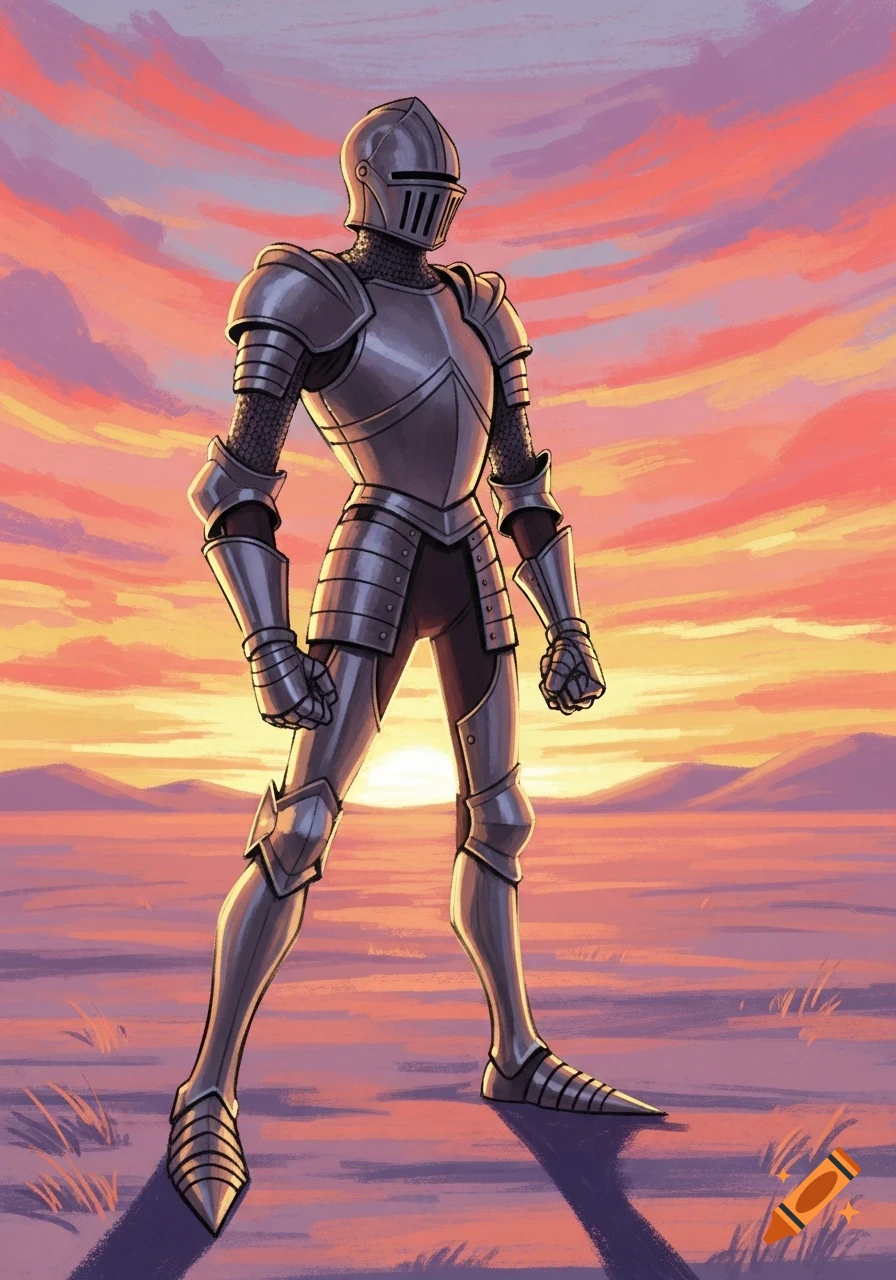 A stylized illustration of a knight in full armor standing in an open field at sunset.