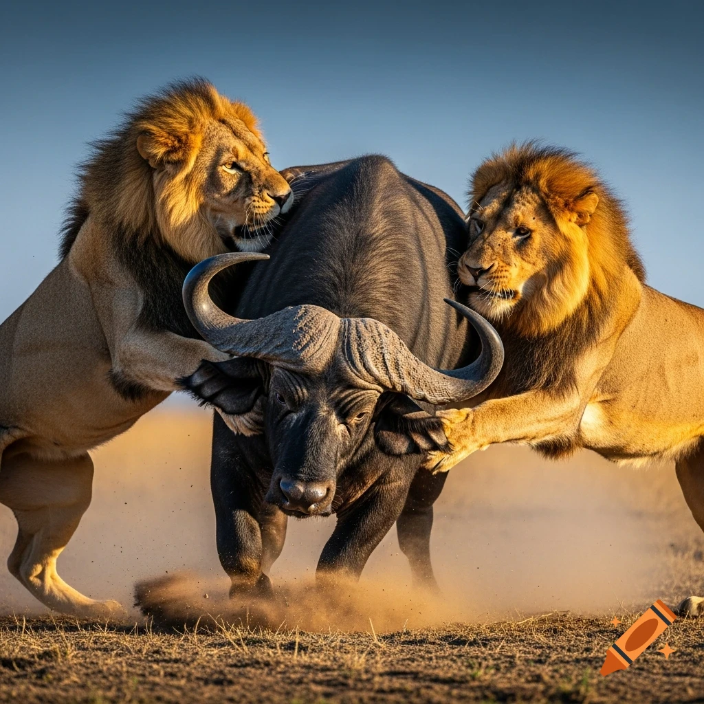 Two powerful lions attack a large cape buffalo, kicking up dust in a dramatic wildlife encounter under a clear sky.
