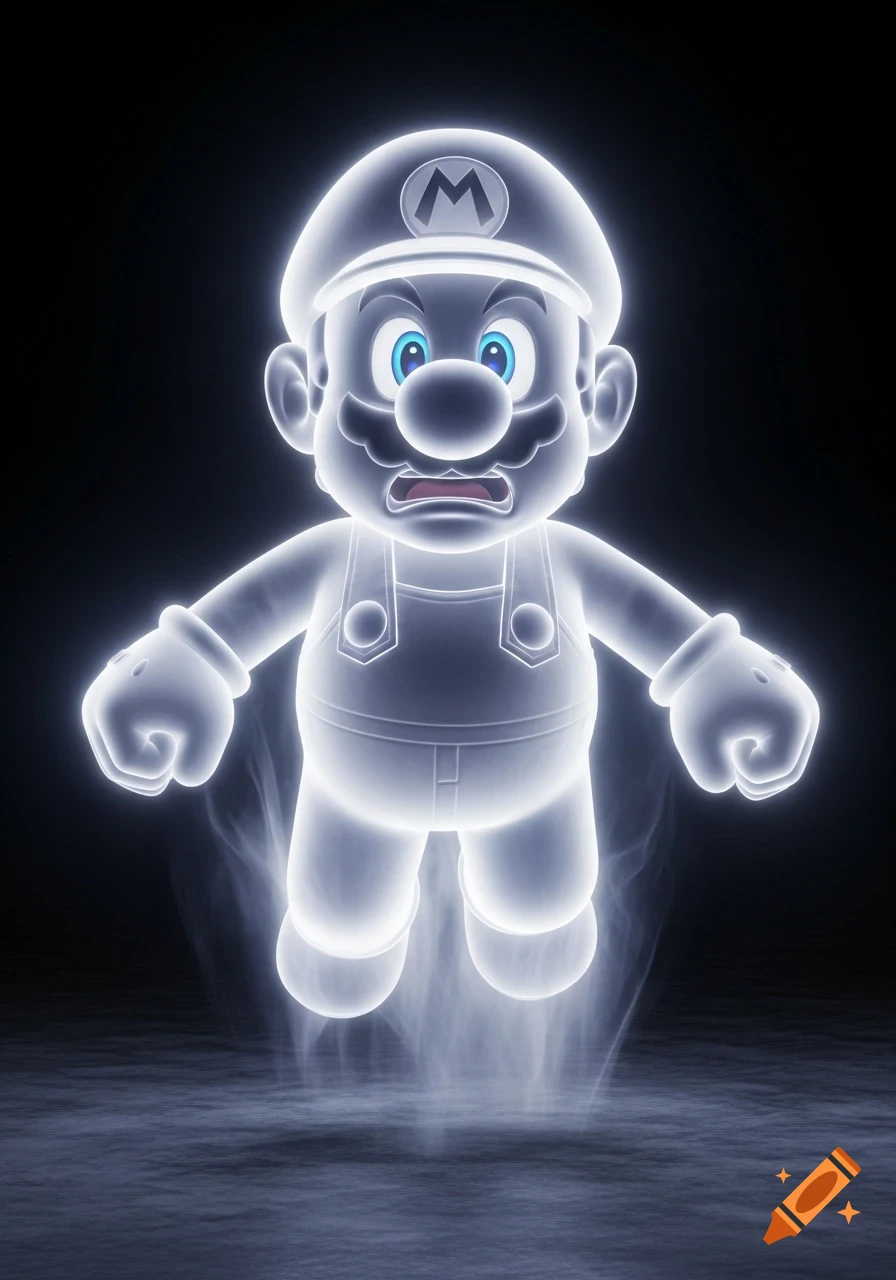 3D style glowing white ghost Mario with blue eyes and a scared expression floats on a dark background.