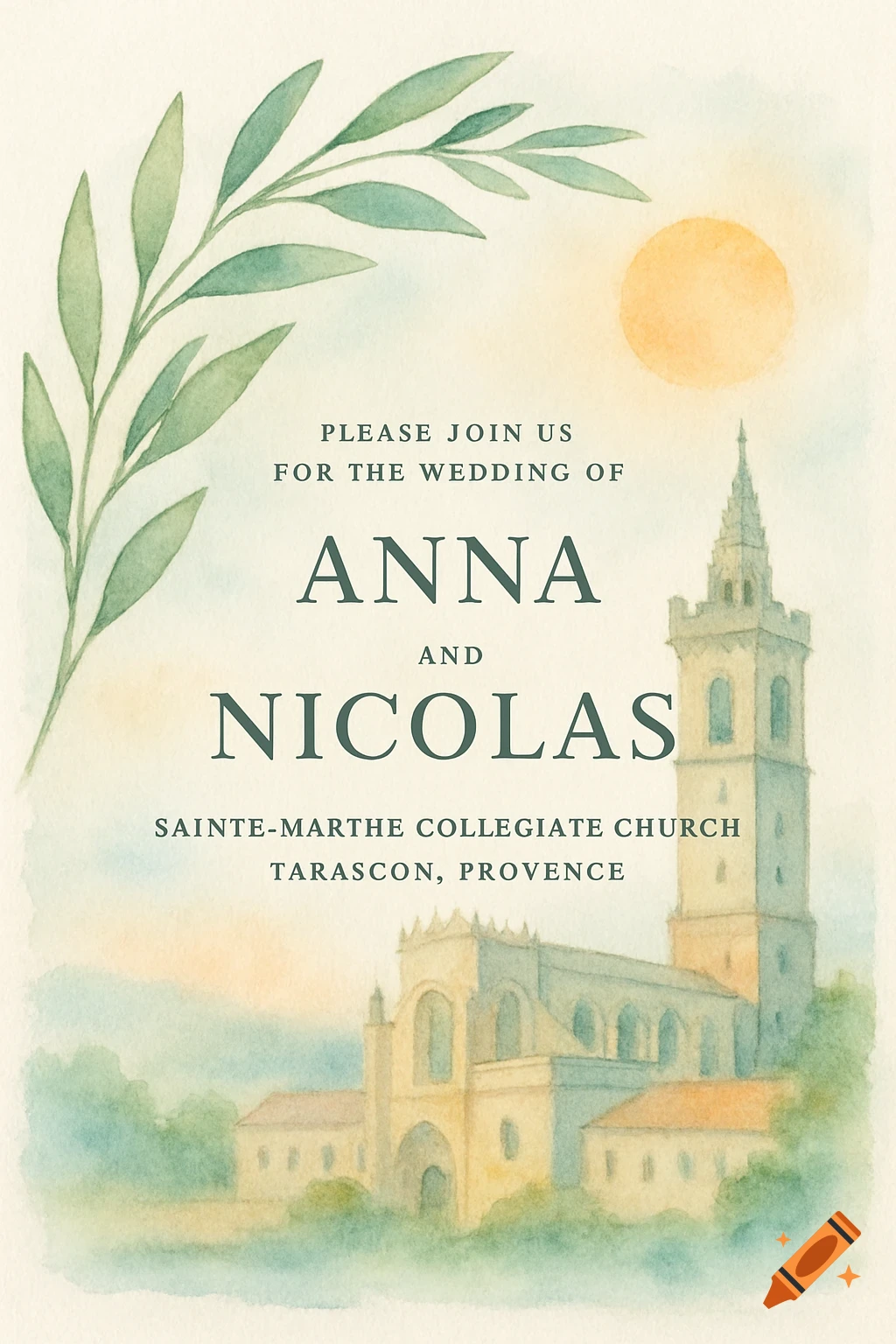Watercolor wedding invitation with an olive branch, sun, and Sainte-Marthe Collegiate Church of Tarascon.