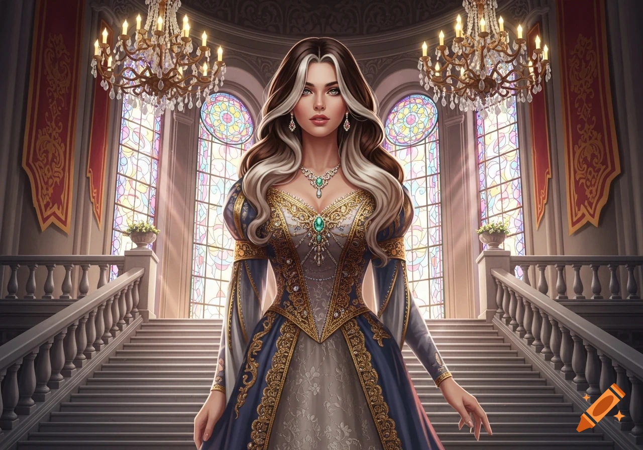 A beautiful queen in an ornate blue and gold gown stands at the bottom of grand stairs in a palace with chandeliers and stained glass windows.