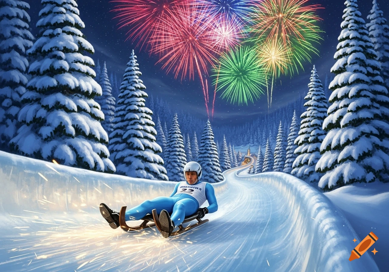 A luge rider speeds down a snowy track in a moonlit forest as colorful fireworks explode in the night sky.