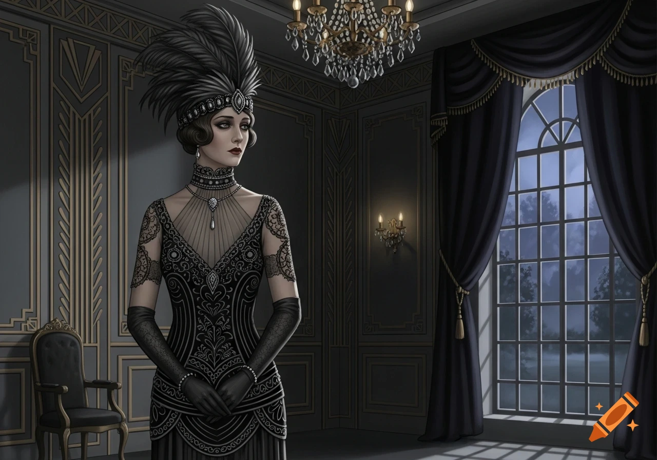 A woman in a black 1920s-style dress and feathered headdress stands in an ornate dark room with a chandelier and large window.