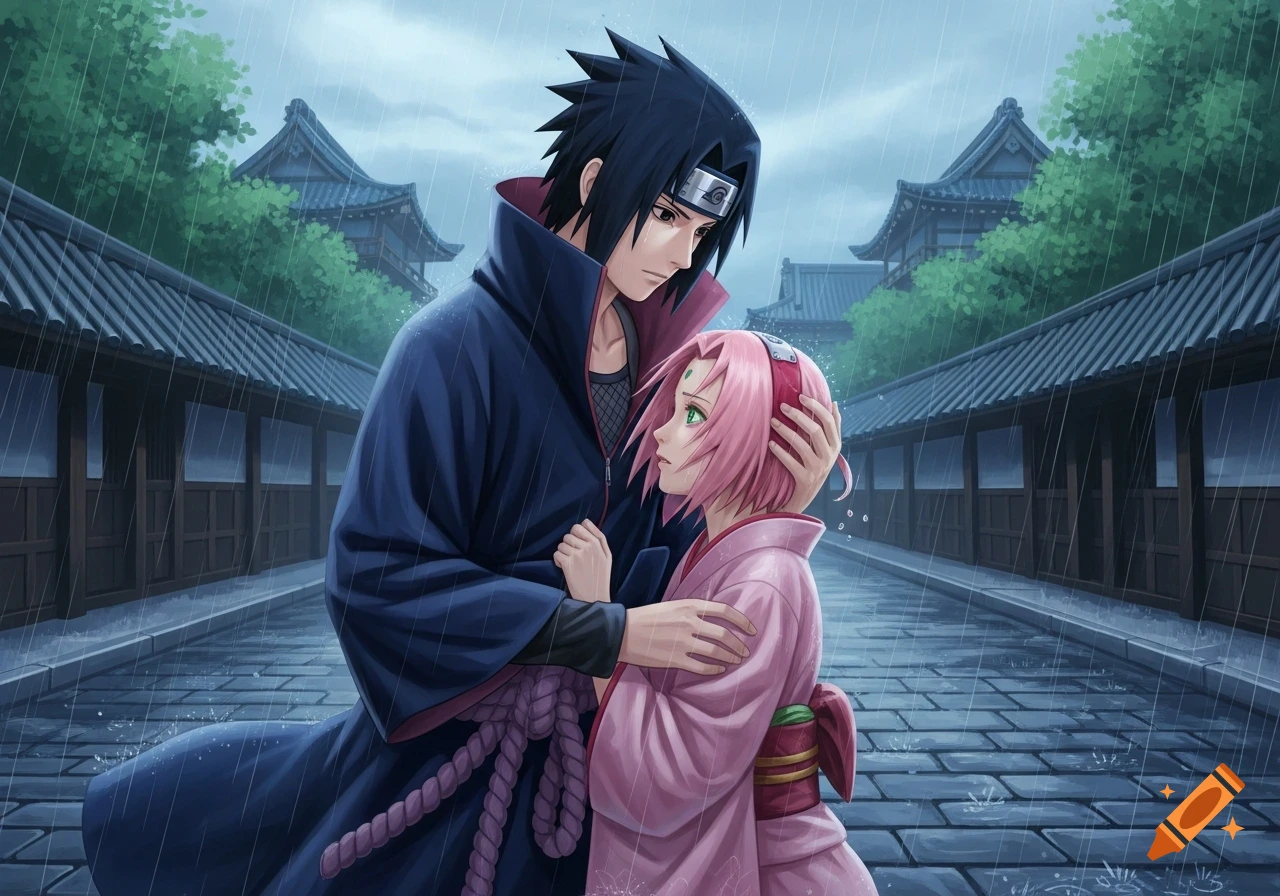 Anime characters Sasuke and Sakura embrace in the rain, with traditional Japanese buildings in the background.