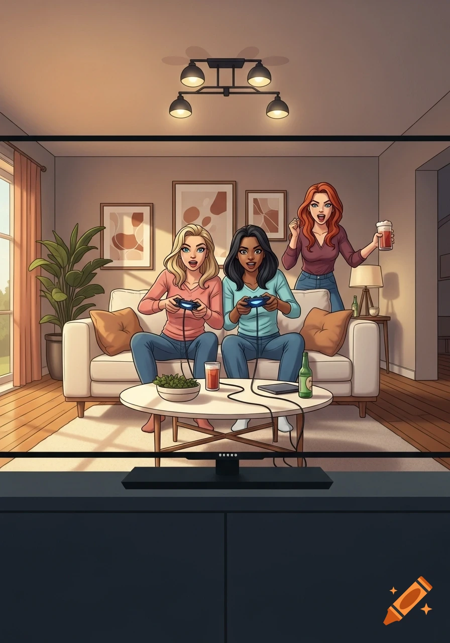 Three women in a cartoon style living room. Two women sit on a white couch playing video games, while a third redhead stands cheering with a drink.