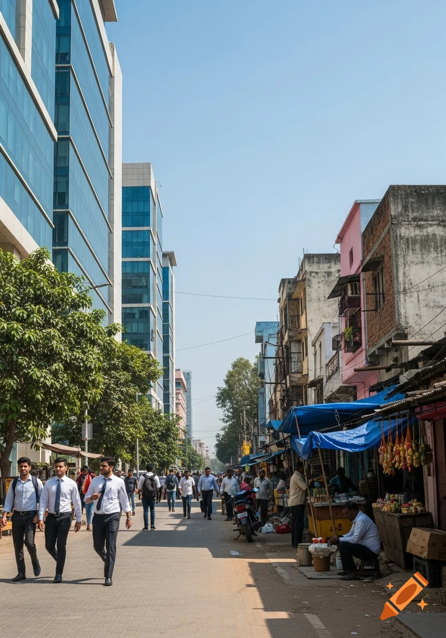 A photorealistic Indian city street scene showing modern glass buildings contrasting with older structures and market stalls, with people walking.