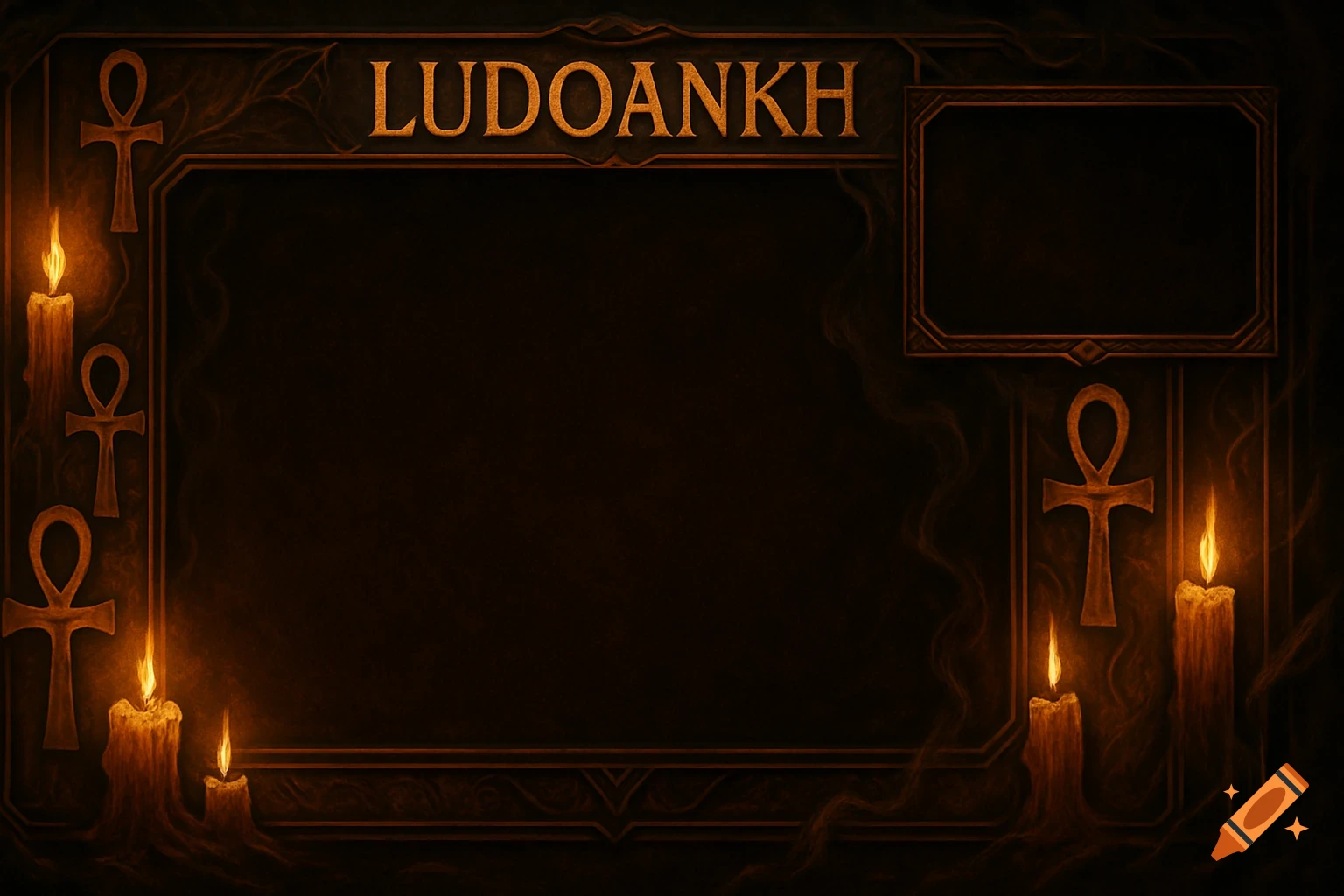 Dark fantasy stream overlay with 'LUDOANKH' text, ornate frame, Ankh symbols, and melting candles in a digital painting style.