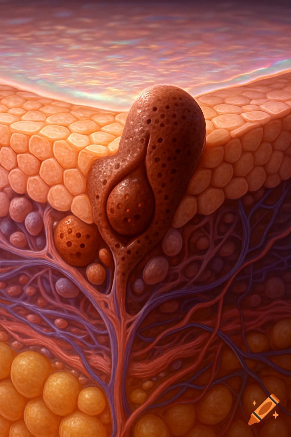 A detailed, stylized microscopic illustration of human skin layers, showing the epidermis, dermis, hypodermis, blood vessels, and fat cells.