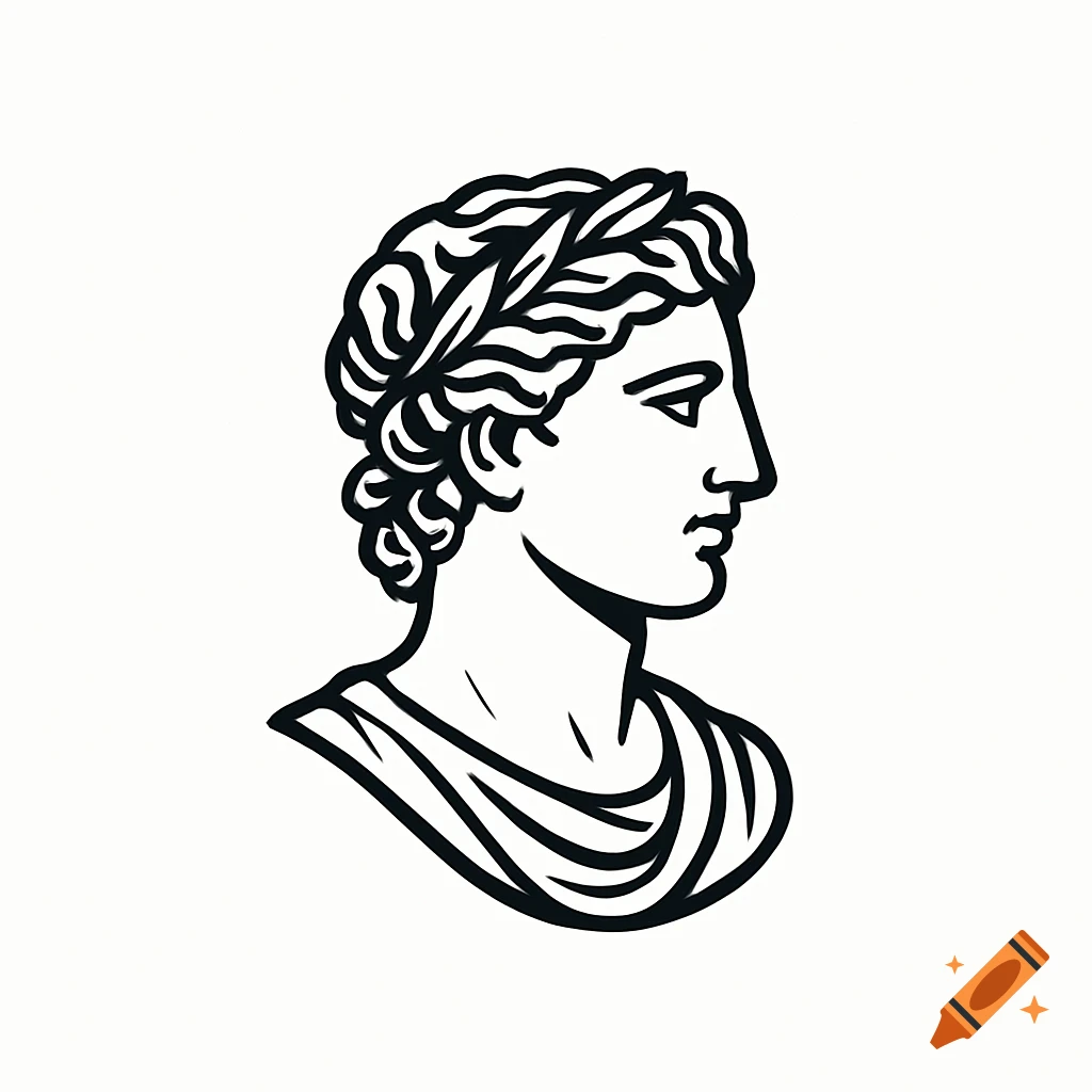 Black and white vector illustration of an ancient Greek or Roman bust in profile, wearing a laurel wreath.