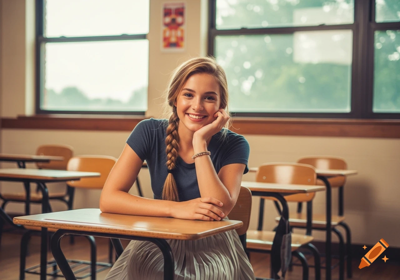 A smiling young woman with a braid, wearing a t-shirt and pleated skirt, sits at a wooden desk in a classroom.