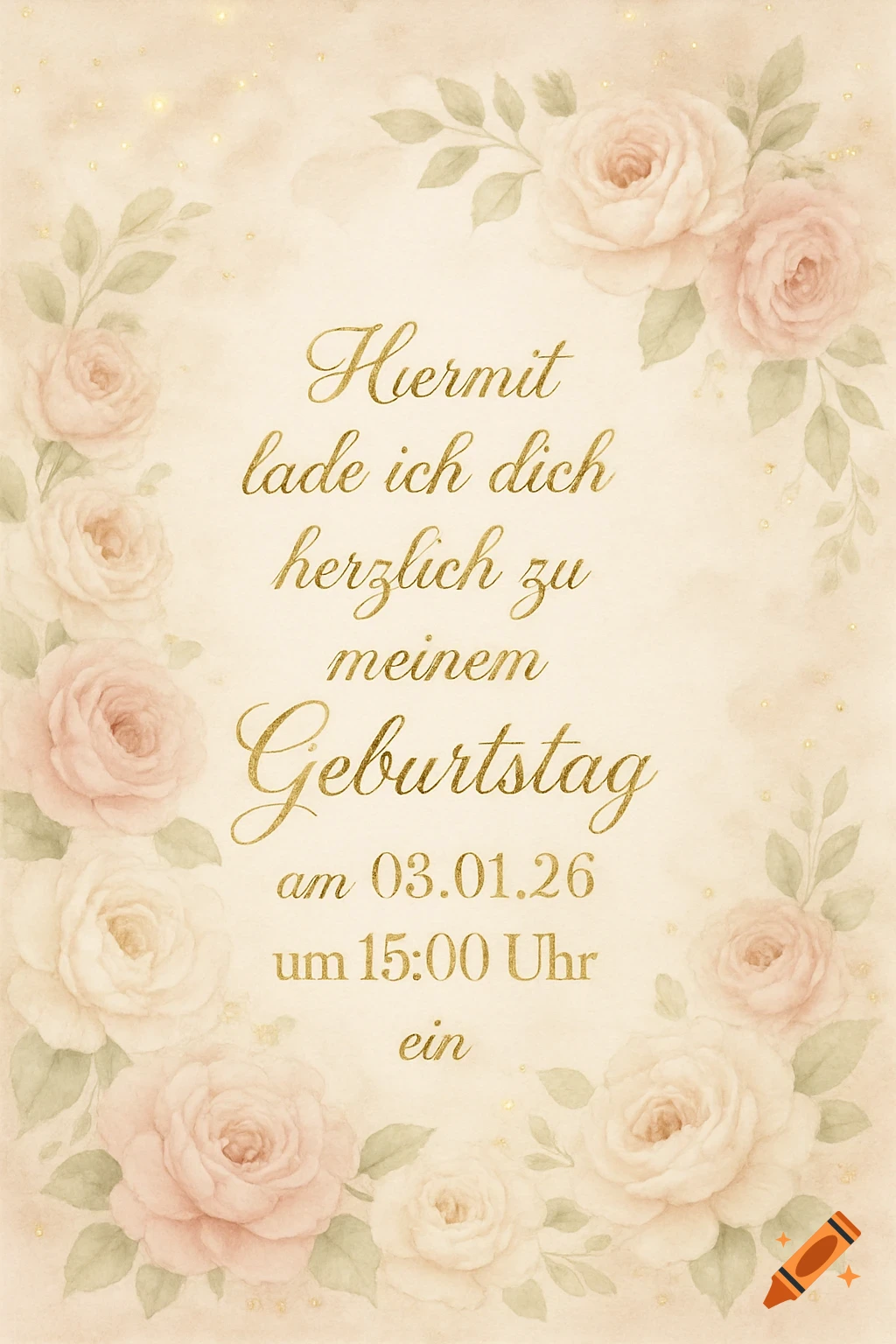 Watercolor birthday invitation card with pink and cream roses and golden German text.