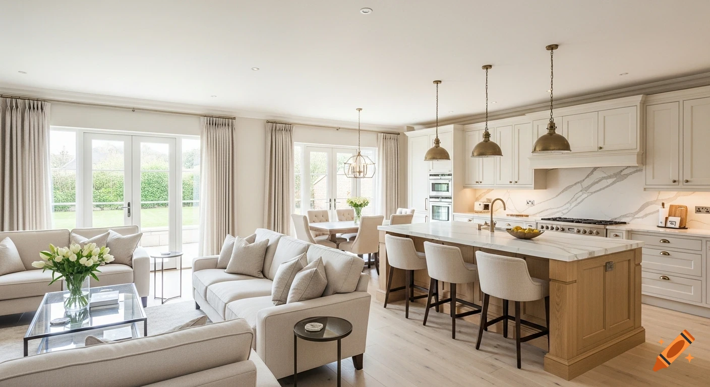 A bright, open-plan living room and modern kitchen with cream sofas, a glass coffee table, and a light oak kitchen island with a marble countertop.