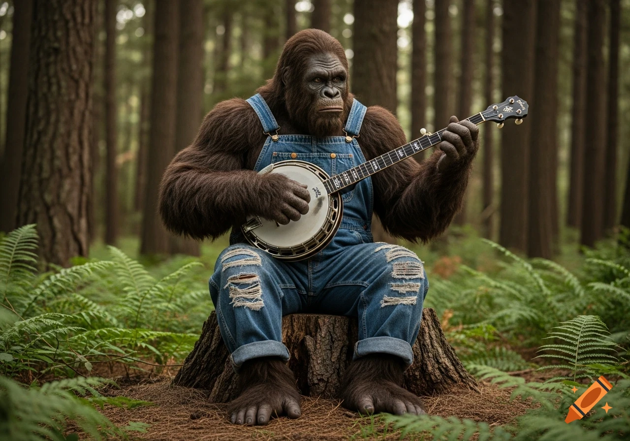 A photorealistic image of Bigfoot in overalls sitting on a tree stump, playing a banjo in a forest.