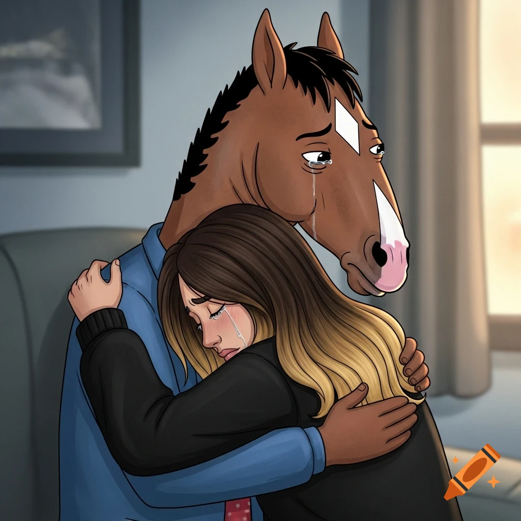 Bojack Horseman in a blue shirt hugs a crying woman with brown and blonde ombre hair in a cartoon style.