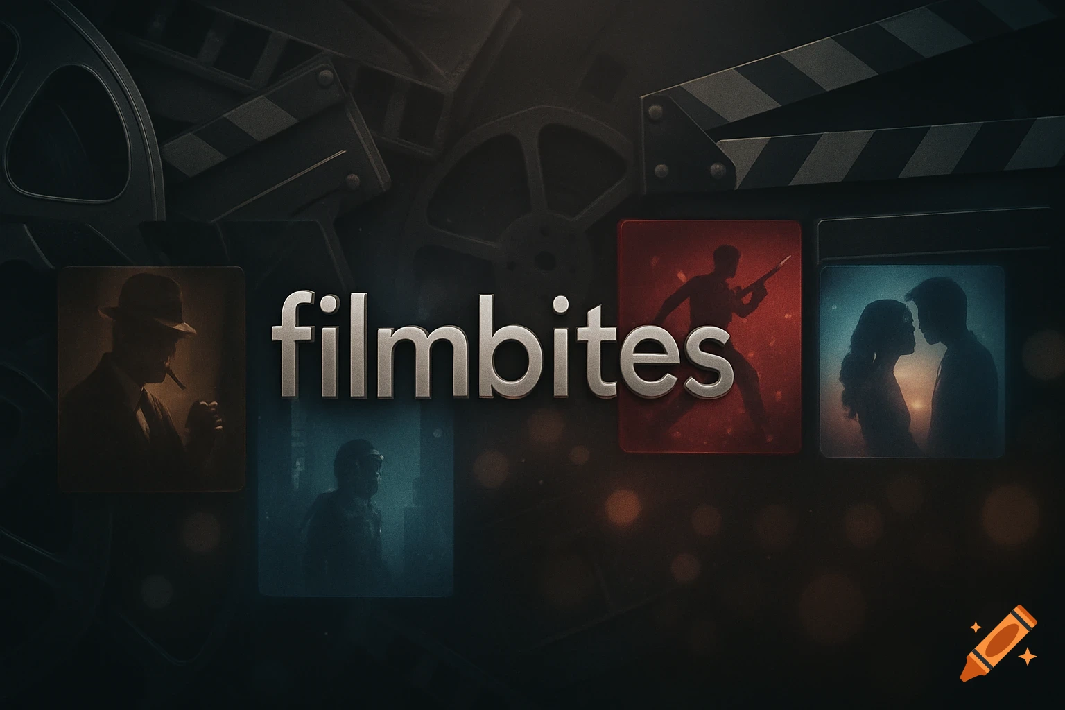 A dark cinematic YouTube banner for 'filmbites' with film reels, a clapperboard, and silhouettes representing different movie genres.