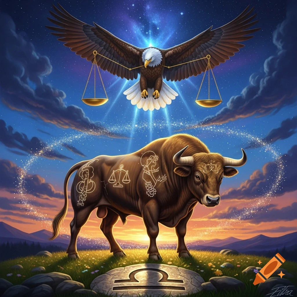 A majestic bull on a grassy hill with glowing zodiac symbols, under a starry sky. A bald eagle with scales of justice flies above, and a Libra symbol glows on a stone.