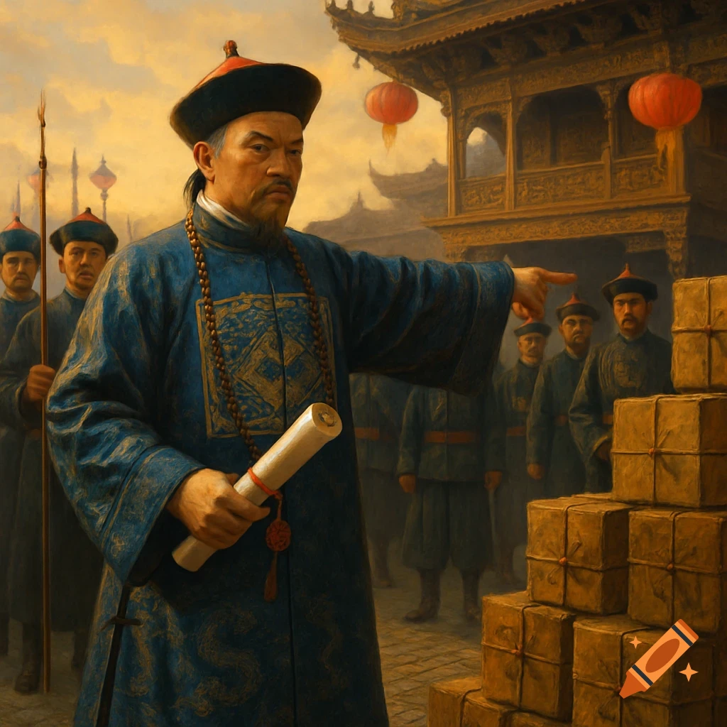 Imperial Commissioner Lin Zexu in traditional blue robes points toward a pile of crates, surrounded by soldiers and officials in a Chinese city.