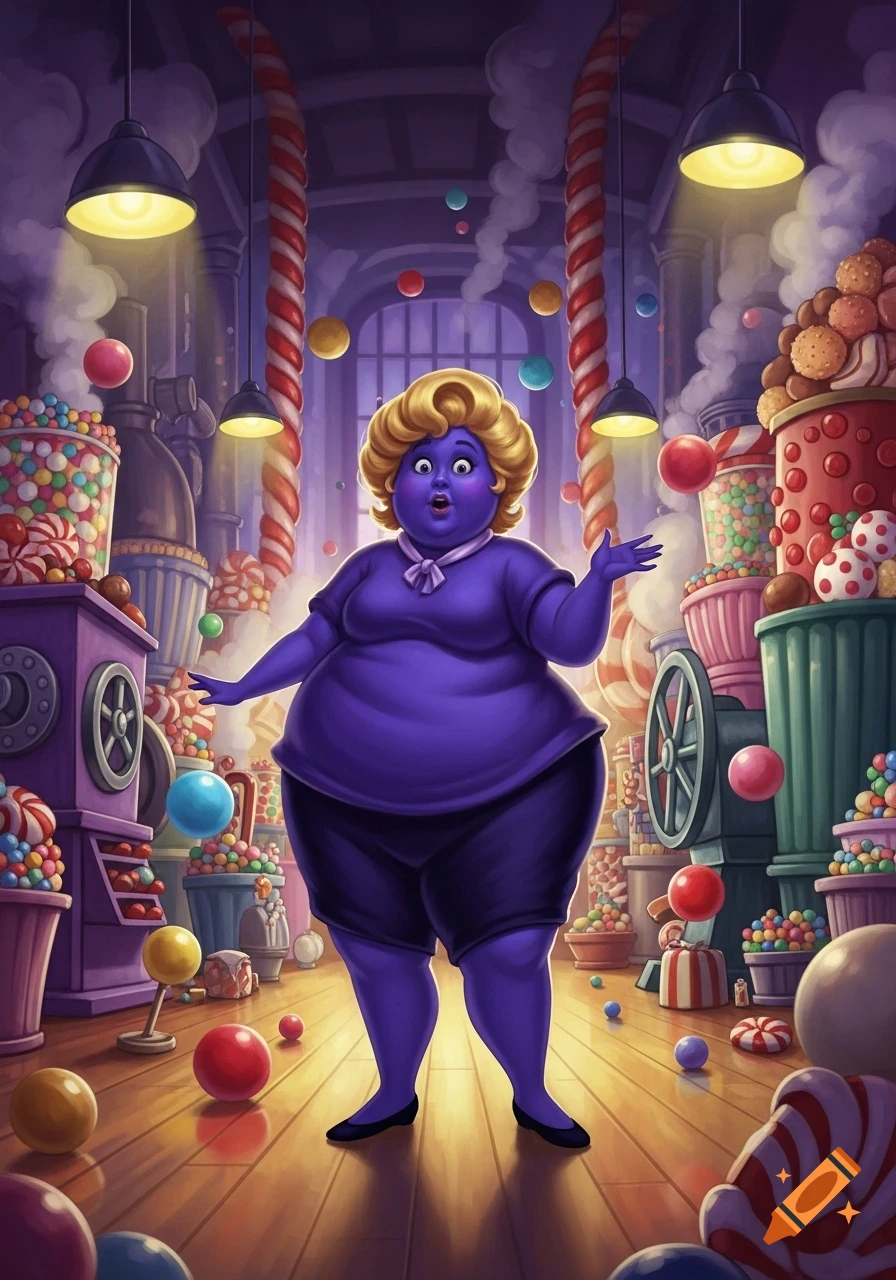 A cartoonish, very round, purple-skinned woman with blonde hair stands in a vibrant candy factory, looking surprised as colorful sweets float around her.