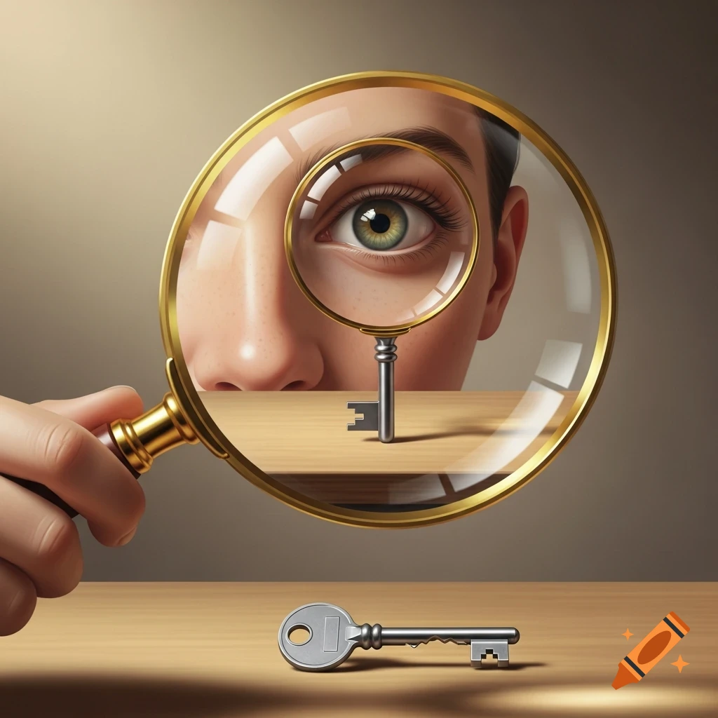 A hand holds a magnifying glass near a person's eye, enlarging a key on a wooden table, with another key below.