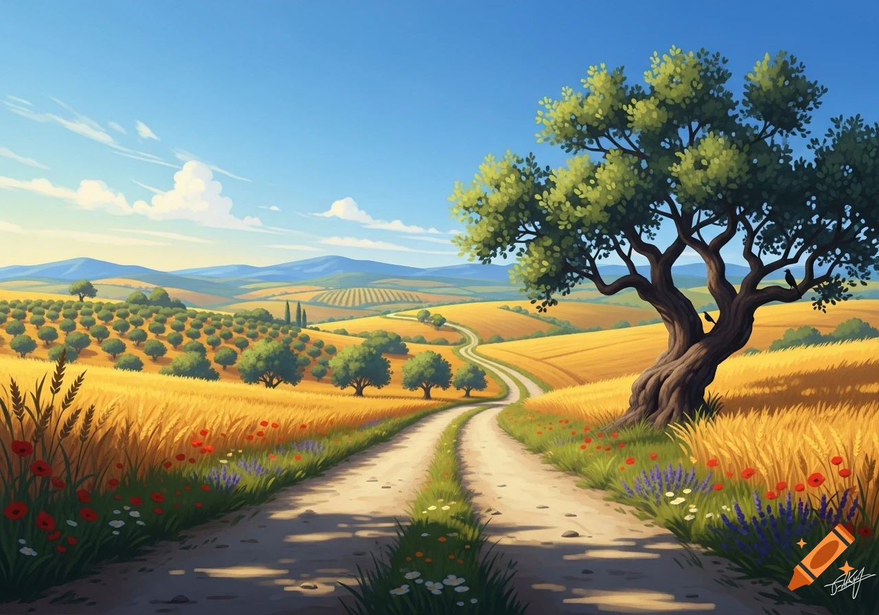 A vibrant illustration of a winding dirt road through golden fields, olive groves, and rolling hills under a bright blue sky.