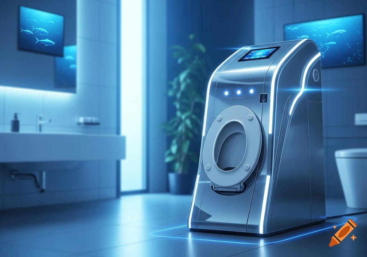 A sleek, futuristic toilet-like machine with glowing blue lights in a modern, blue-lit bathroom, featuring screens displaying fish.
