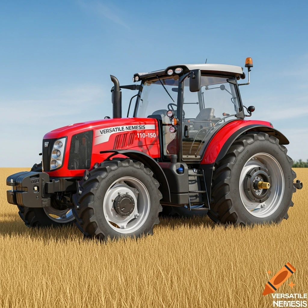 A red and black modern tractor with 'VERSATILE NEMESIS 110-150' on its hood sits in a golden wheat field under a blue sky.