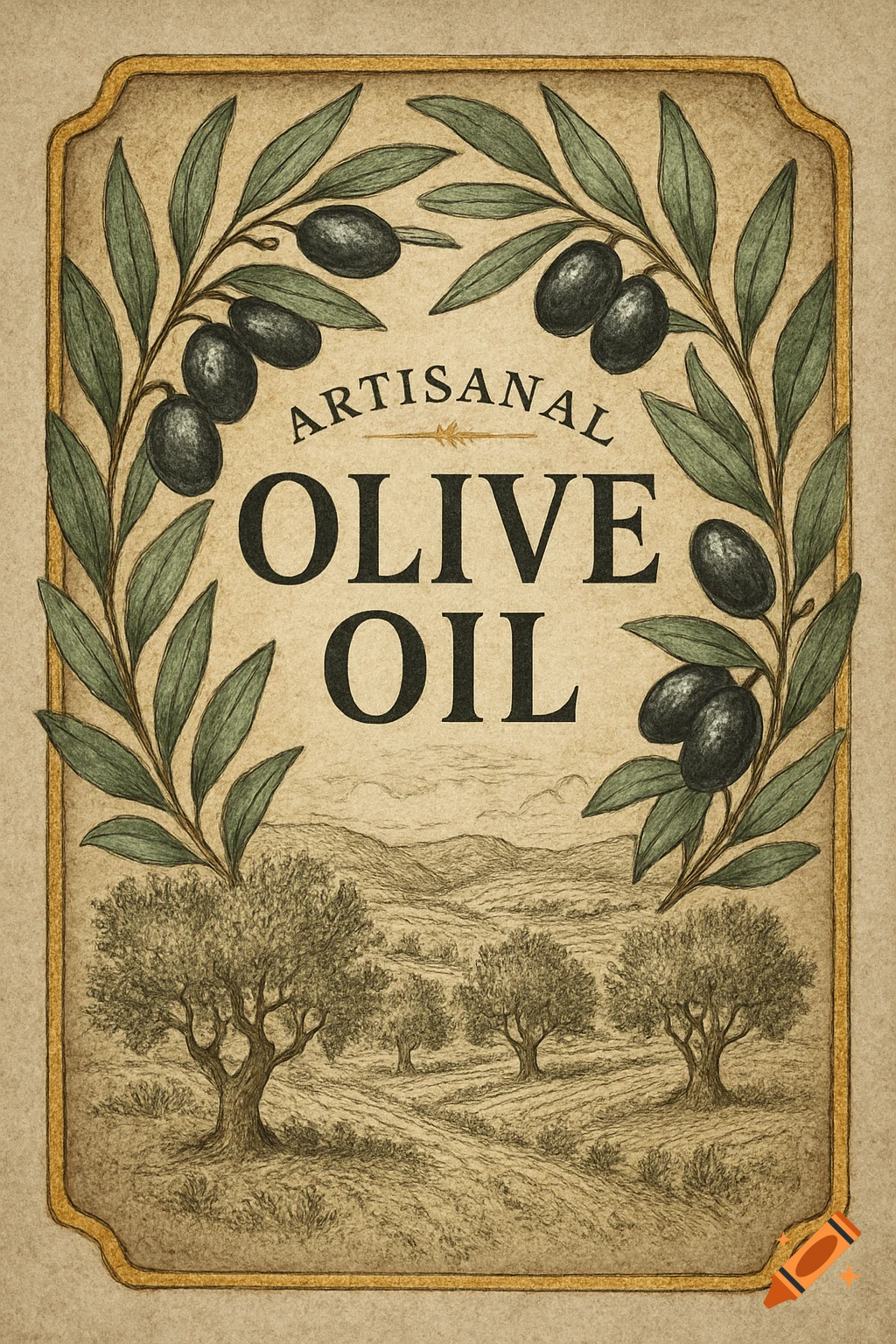 Vintage-style olive oil label with 'ARTISANAL OLIVE OIL' text, olive branches, and an olive grove landscape illustration.