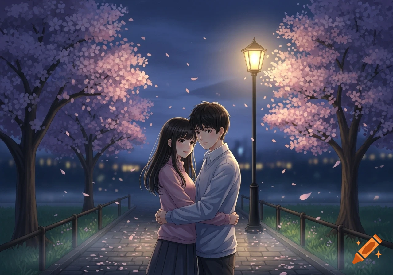 An anime couple embraces under glowing cherry blossom trees on a path lit by a streetlamp at night.