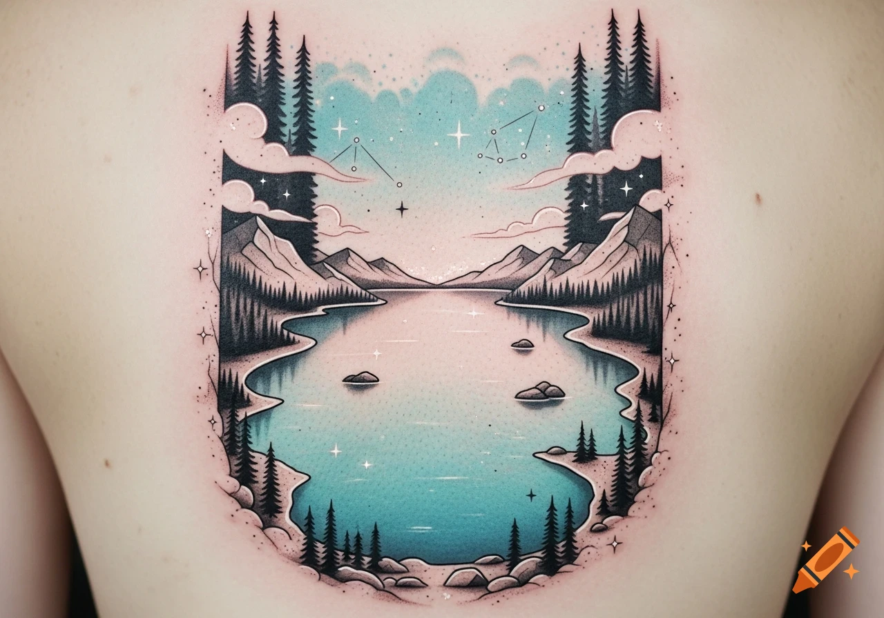 A colorful tattoo on skin shows a serene U-shaped lake surrounded by pine forests and mountains under a starry sky.