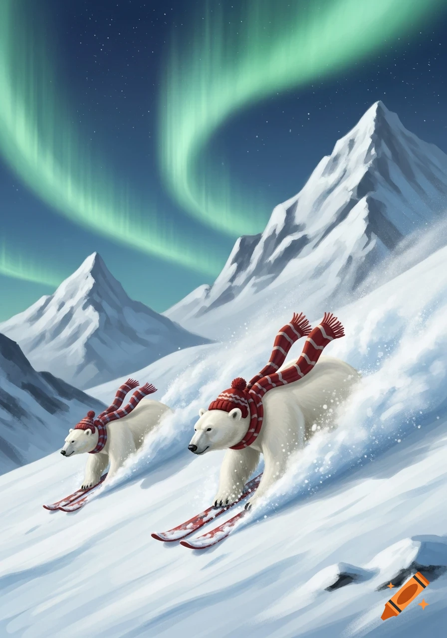 Illustration of two polar bears wearing red hats and scarves, skiing down a snowy mountain slope under green Northern Lights.