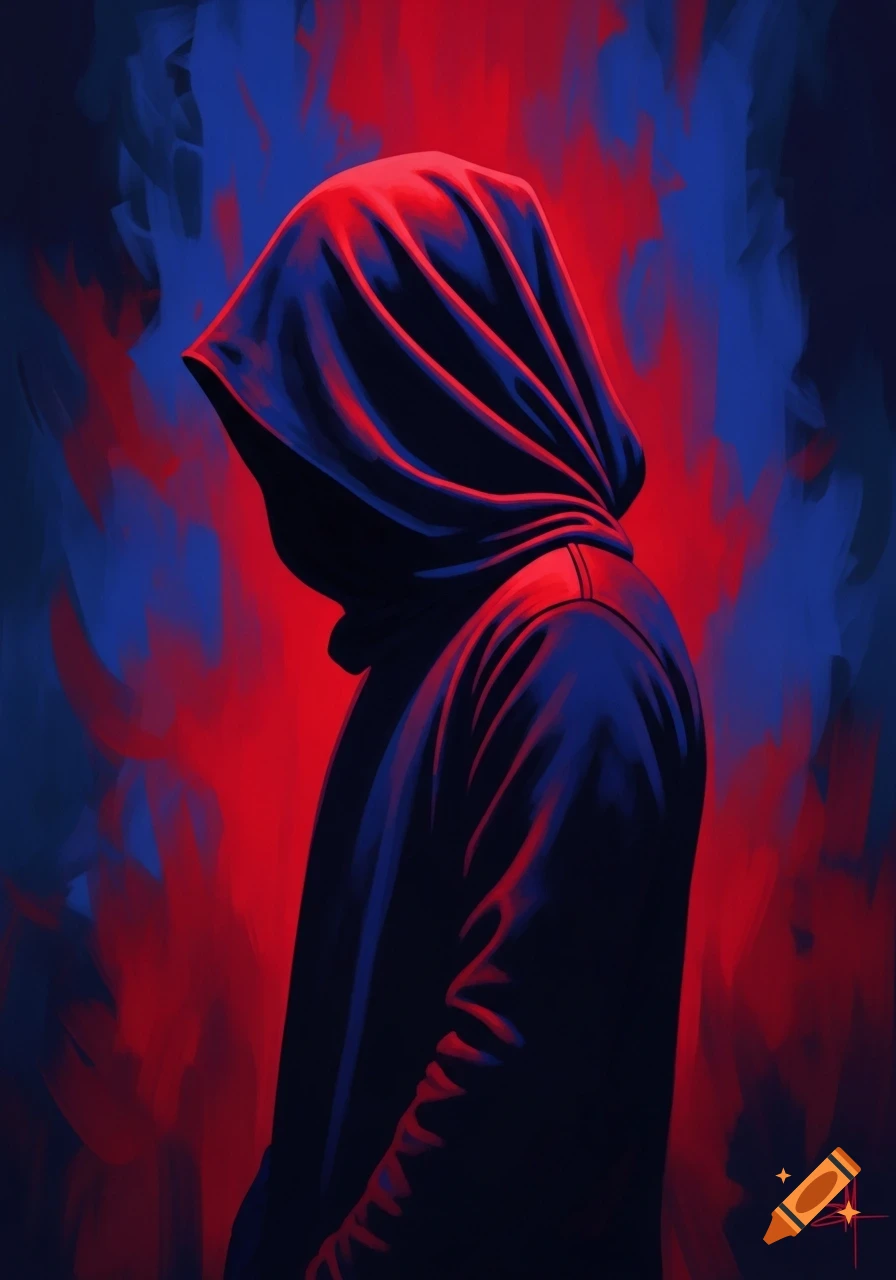 A dark painting of a hooded figure with their face obscured, highlighted by dramatic red and blue lighting on an abstract background.