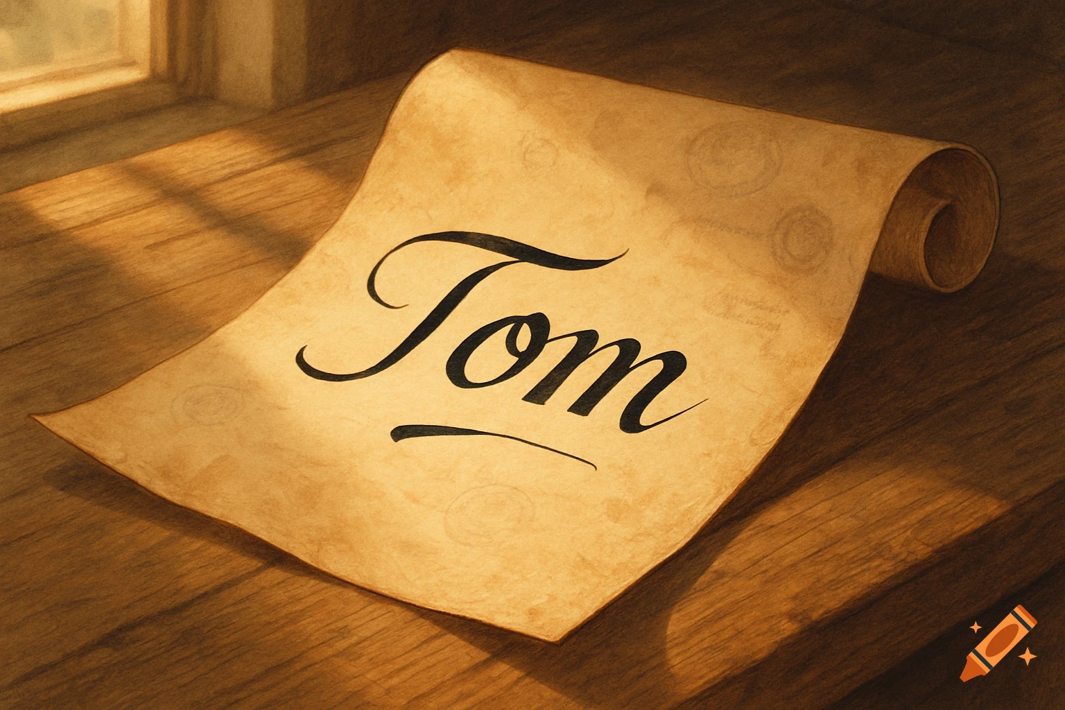 A close-up of a curled old parchment scroll with the name "Tom" written in elegant black script, resting on a sunlit wooden surface.