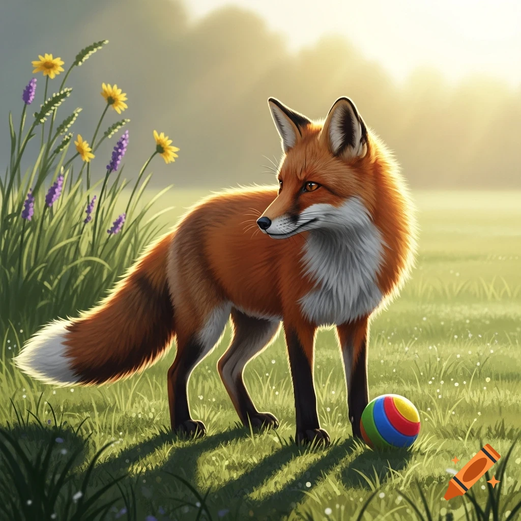 A stylized illustration of a red fox standing in a sunlit grassy field ...